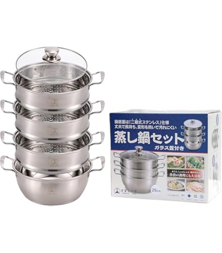 (未使用･未開封品)　竹越工業 角型蒸器 29cm 3段 18-8ステンレス 樹脂部分:フェノール樹脂 日本 AMS68293 ar3p5n1 PE 18-8 ステンレス 業務用角蒸器 3段 39cm - 調理器具のSHOKUBI